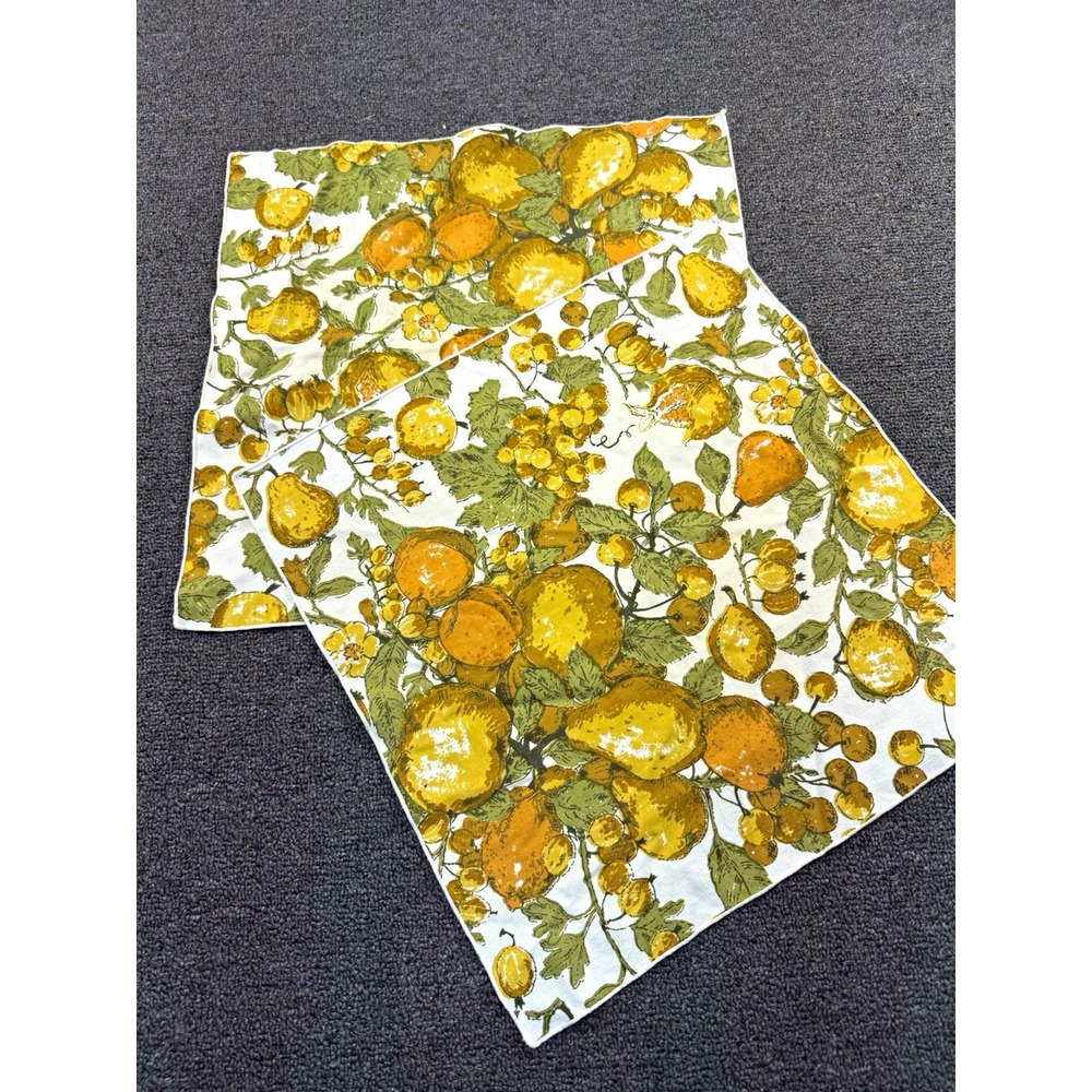 Vintage Set 2 Lemon Fruit Print Cotton Square Napkins White Yellow Green Orange